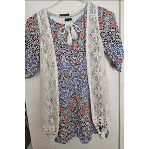 * MY MICHELLE Floral Print Boho Dress with Fringed Crochet Vest Girls Size 10